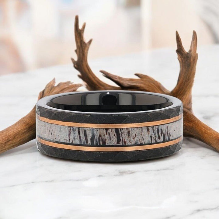 RUSTIC black tungsten ring with deer antler inlay and rose gold accents by Aydins Jewelry.