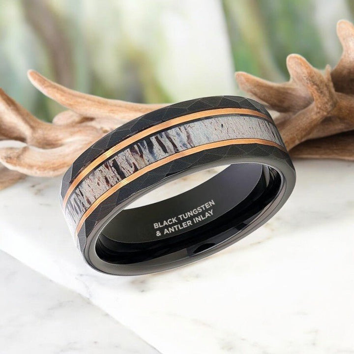 Side view of RUSTIC tungsten ring featuring hammered edges and deer antler inlay.