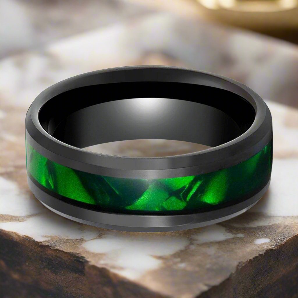 SABRE | Black Tungsten Ring, Green Mother of Pearl Inlay, Beveled - Rings - Aydins Jewelry - 1