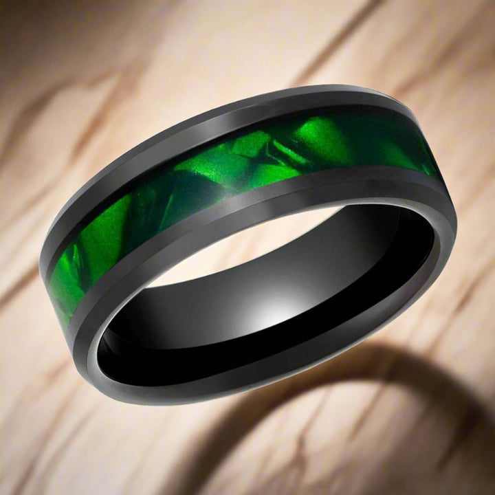 SABRE | Black Tungsten Ring, Green Mother of Pearl Inlay, Beveled - Rings - Aydins Jewelry - 4