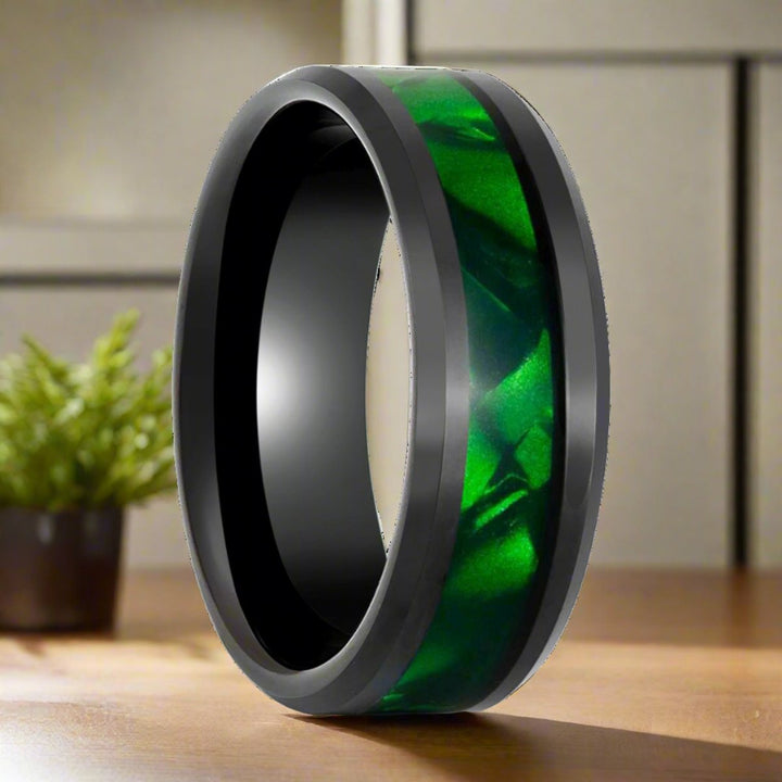 SABRE | Black Tungsten Ring, Green Mother of Pearl Inlay, Beveled - Rings - Aydins Jewelry - 3
