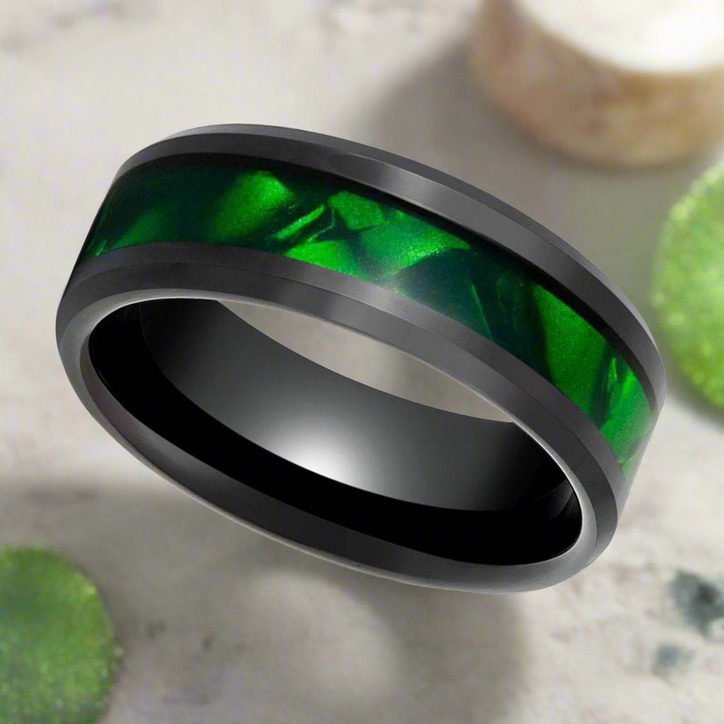 SABRE | Black Tungsten Ring, Green Mother of Pearl Inlay, Beveled - Rings - Aydins Jewelry - 2