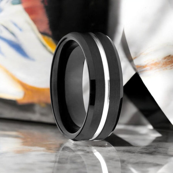 SAGAN Black Tungsten Ring with silver shiny groove by Aydins Jewelry.