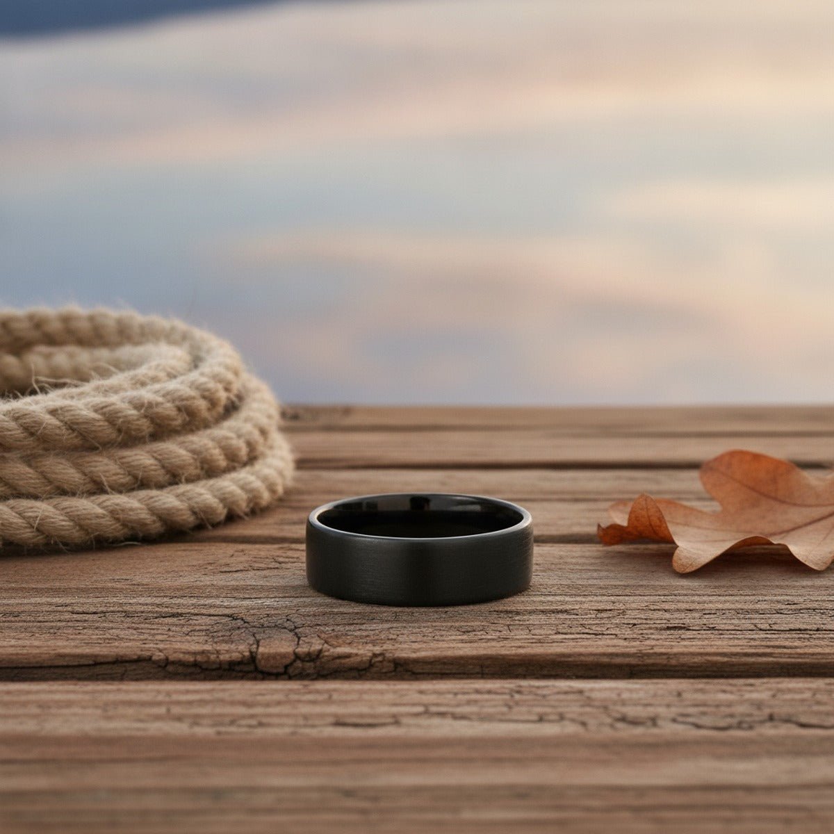 Aydins SAN BERNARDINO | Black Titanium Ring, Flat Brushed lifestyle scene, lakeside dock