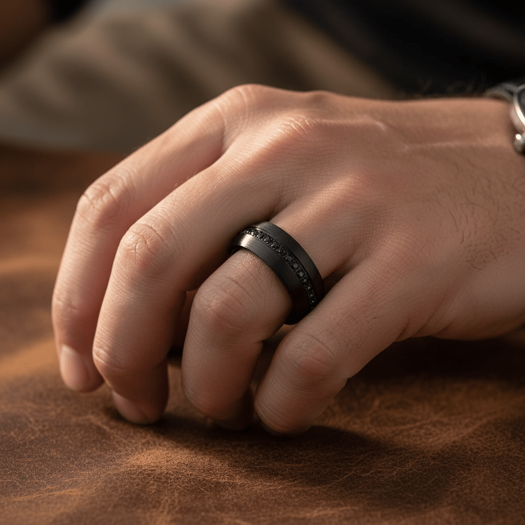 SANCHO — Lifestyle photo on hand — men's tungsten wedding ring.