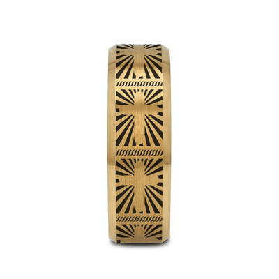 SANCTUS gold tungsten ring with sunburst cross laser-engraved at the center – Aydins Jewelry