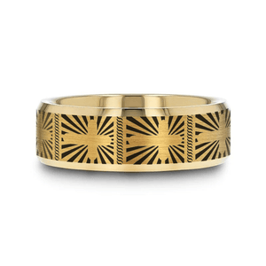 SANCTUS gold tungsten ring with sunburst cross laser-engraved at the center – Aydins Jewelry