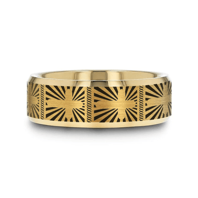 SANCTUS gold tungsten ring with sunburst cross laser-engraved at the center – Aydins Jewelry