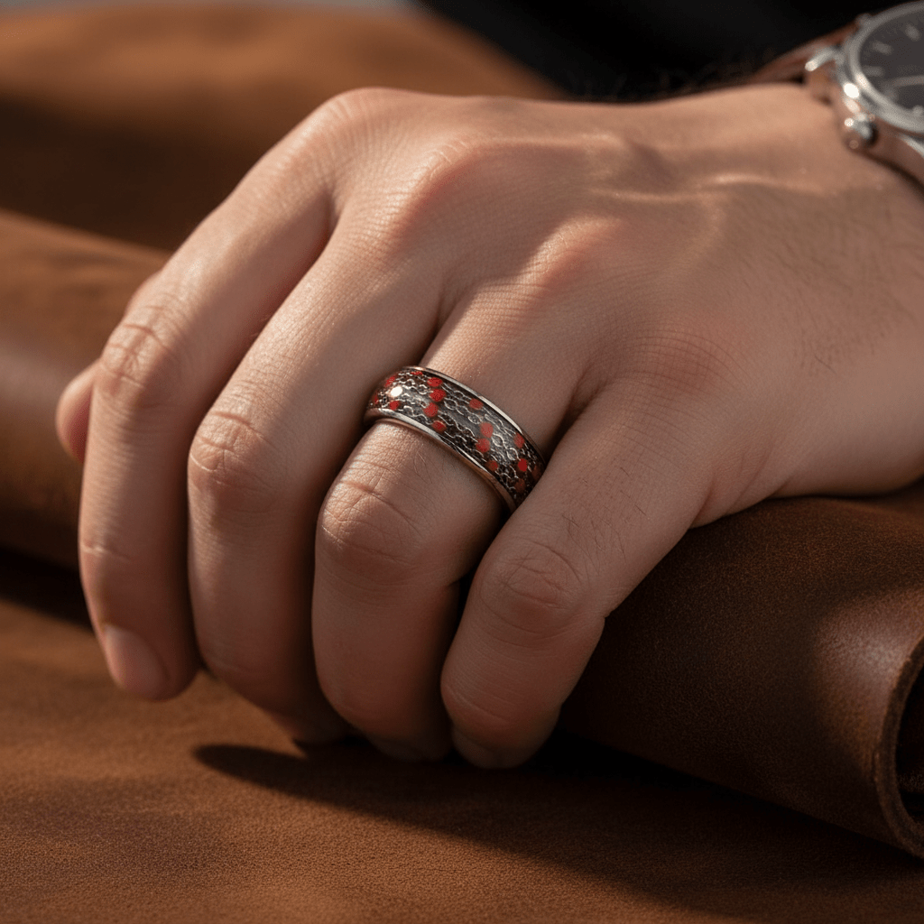 SCARLETLINK — Lifestyle photo on hand — men's tungsten wedding ring.