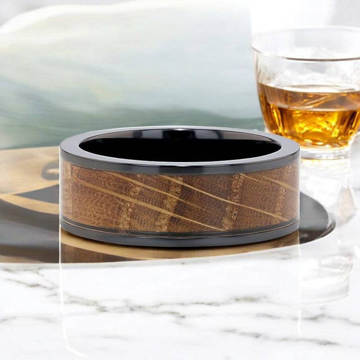 Elegant SCOTCH ring with whiskey barrel wood inlay and polished black ceramic edges.