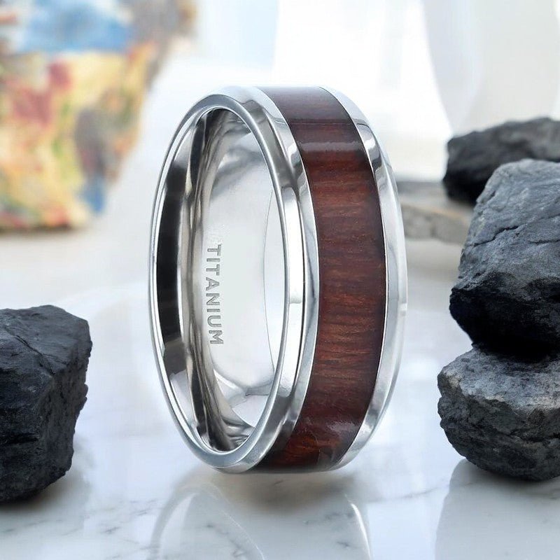 SEQUOIA | Titanium Ring, Redwood Inlay, Polished Beveled Edges - Rings - Aydins Jewelry - 1