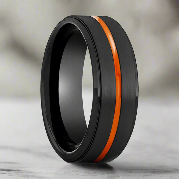 SHADOW Black Tungsten Ring showcasing the orange groove and stepped edge, available in 6mm & 8mm