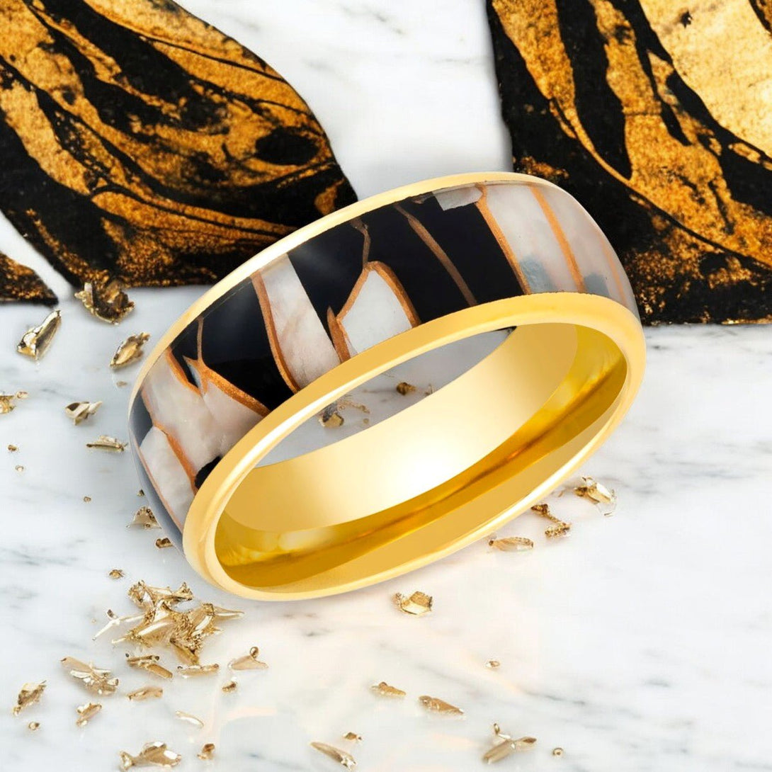 SHAVOGOLD Gold Tungsten Ring - Side View Displaying Gold Shavings Inlay