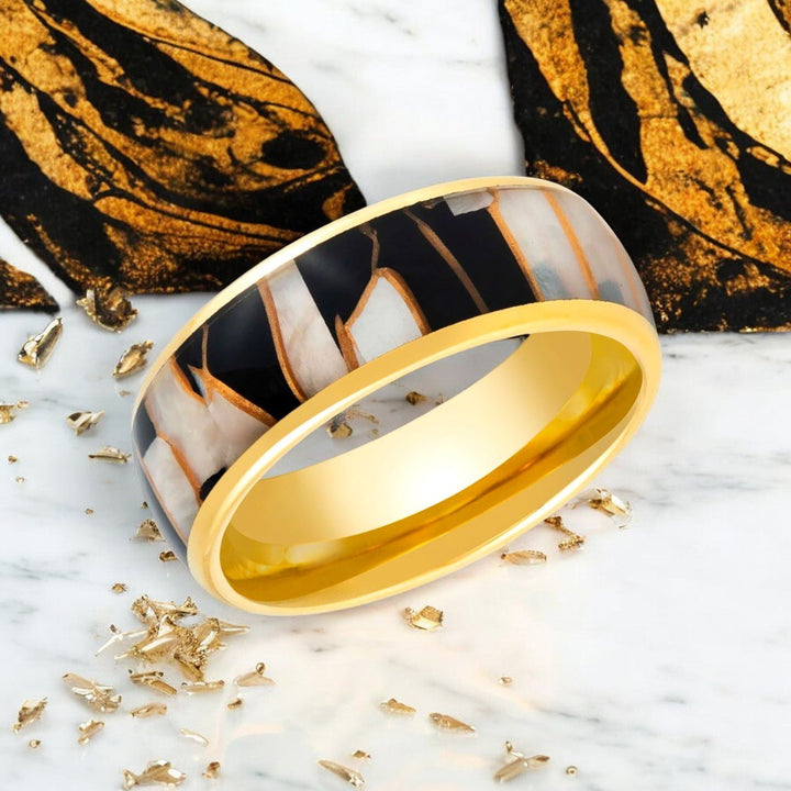 SHAVOGOLD Gold Tungsten Ring - Side View Displaying Gold Shavings Inlay