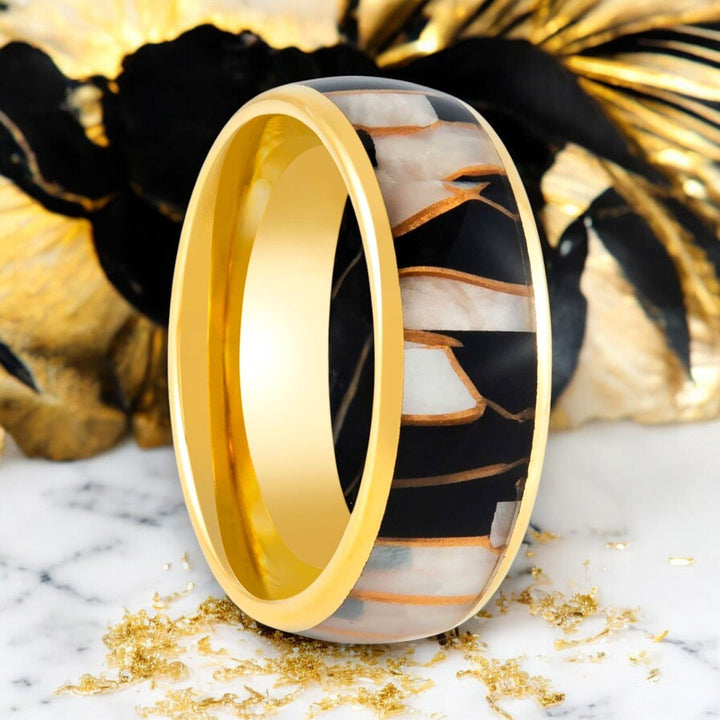 SHAVOGOLD Gold Tungsten Ring with Black Resin & Gold Shavings Inlay - Front View