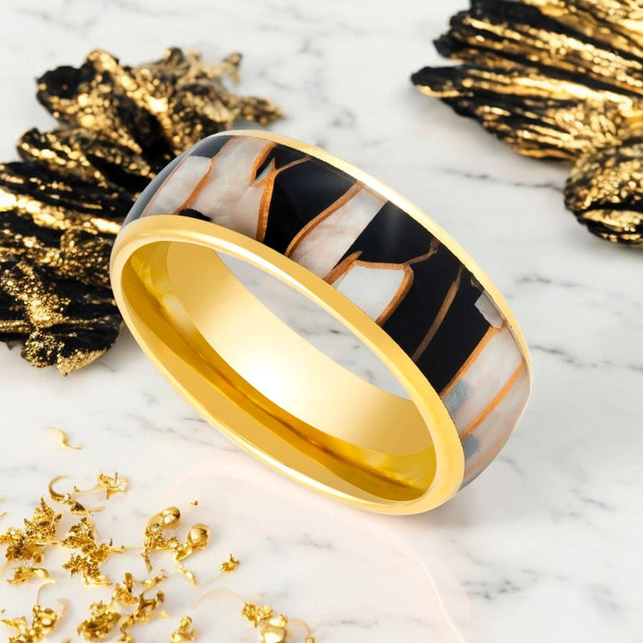 SHAVOGOLD Gold Tungsten Ring with Domed Design and Black Resin Inlay