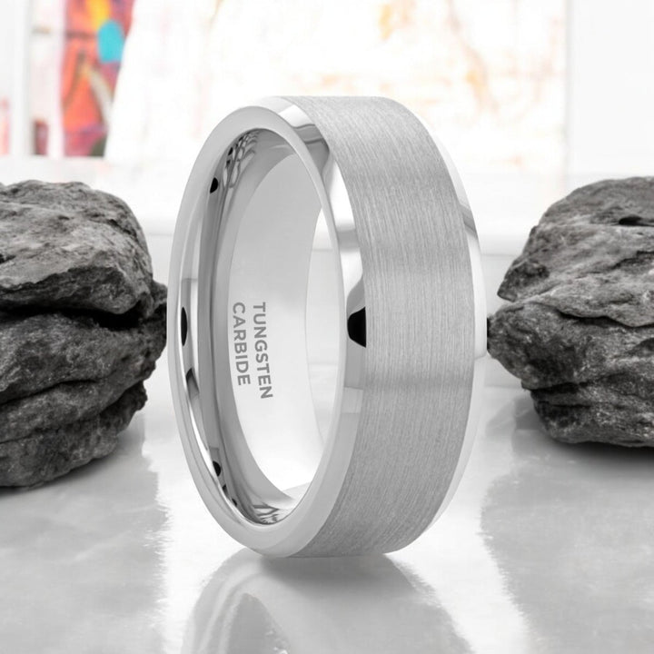 SHEFFIELD Silver Tungsten Ring with brushed center and beveled edge from Aydins Jewelry