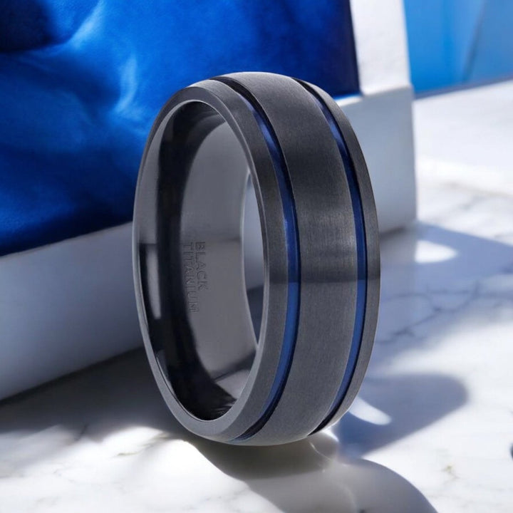 Black titanium ring with two blue grooves and domed design, 8mm width - Aydins Jewelry.