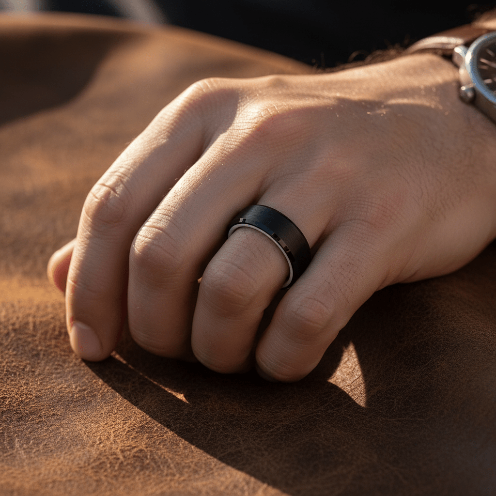 SIGMA — Lifestyle photo on hand — men's tungsten wedding ring.
