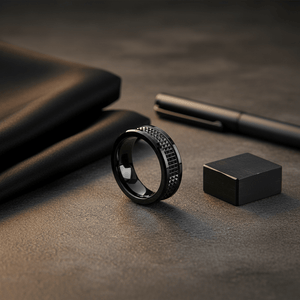 SILVERFANGNOIR — Editorial masculine still life — men's tungsten wedding ring.
