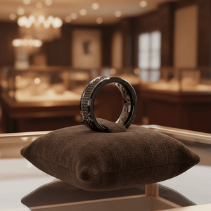 SILVERFANGNOIR — Premium boutique display on velvet — men's tungsten wedding ring.