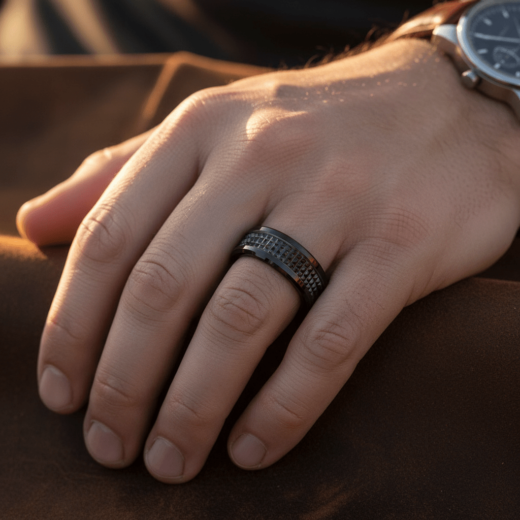 SILVERFANGNOIR — Lifestyle photo on hand — men's tungsten wedding ring.