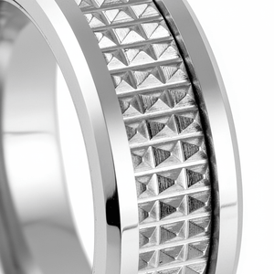 SILVERFANG — Extreme macro detail — men's tungsten wedding ring.