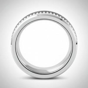 SILVERFANG — Center-through axial view — men's tungsten wedding ring.