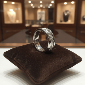 SILVERFANG — Premium boutique display on velvet — men's tungsten wedding ring.