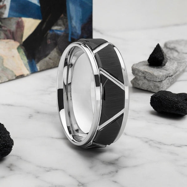 SILVERTROID Silver Tungsten Ring with black trapezoid design from Aydins Jewelry.