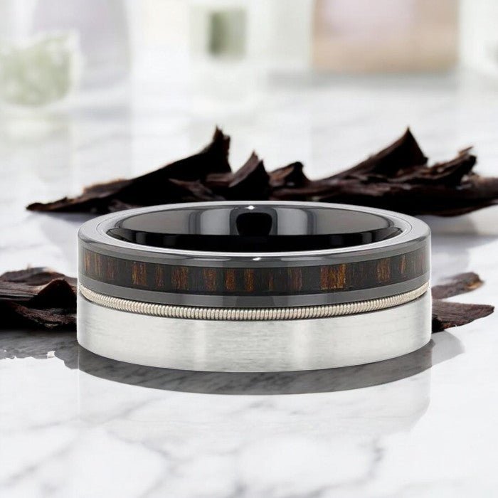 SLATE tungsten ring with ebony wood and steel guitar string by Aydins Jewelry.