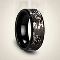 SMOKESCREEN black tungsten carbide wedding band with engraved digital camouflage pattern running around the band and polished edges, studio hero shot