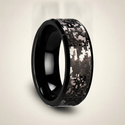 SMOKESCREEN black tungsten carbide wedding band with engraved digital camouflage pattern running around the band and polished edges, studio hero shot