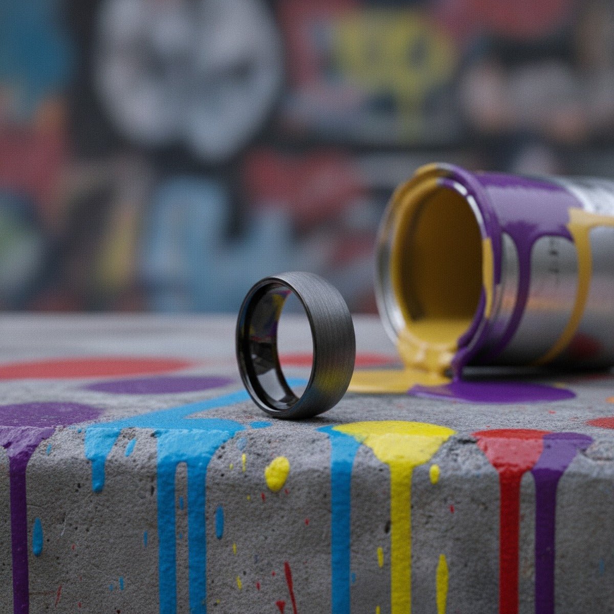 Aydins SMOKEYLADE | Gun Metal Tungsten Ring, Brushed, Domed - 8mm lifestyle scene, graffiti concrete
