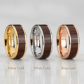 Bubinga Wood inlay 14k yellow gold wedding band 8mm, top view