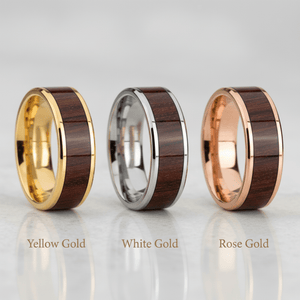 Bubinga Wood inlay 14k yellow gold wedding band 8mm, top view
