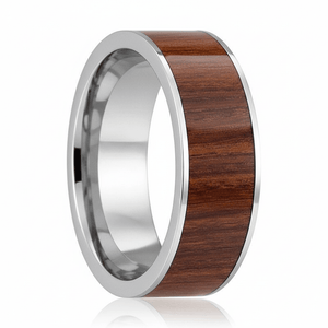 Bubinga Wood inlay 14k yellow gold wedding band 8mm, close-up of inlay