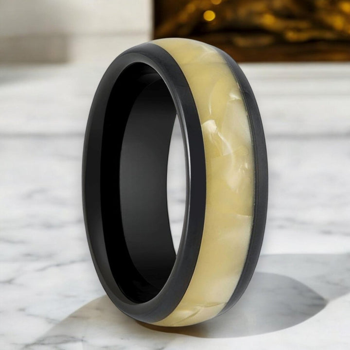 SOLSTICE Black Tungsten Ring with Golden Mother of Pearl Inlay - Aydins Jewelry.