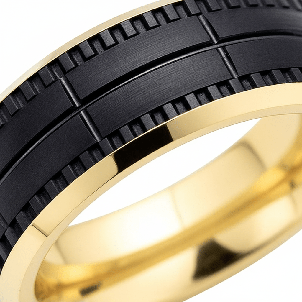 SOLSTICE — close-up detail — men's tungsten carbide wedding ring | Aydins Jewelry