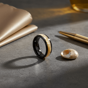 SOLSTICE — Editorial masculine still life — men's tungsten wedding ring.