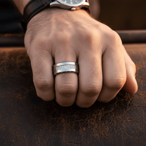 SPARKLUXE — angled view — men's tungsten carbide wedding ring | Aydins Jewelry