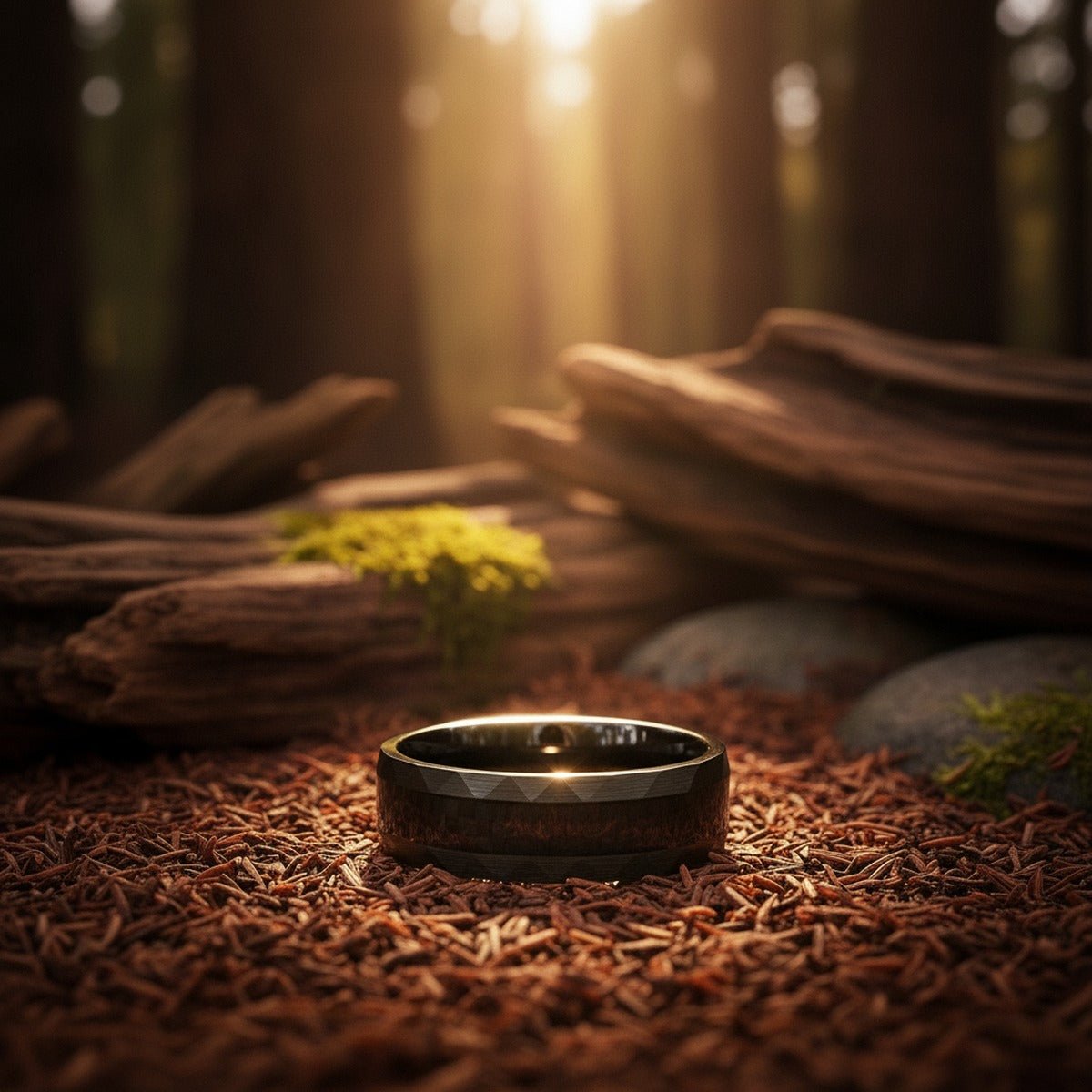 Aydins SPEEDSTER | Black Tungsten Carbon Fiber Center Faceted Sides Wedding Ring 8mm lifestyle scene, redwood floor
