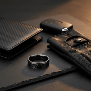 SPEEDSTER — Editorial masculine still life — men's tungsten wedding ring.
