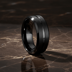 SQUAD — detail view — men's tungsten carbide wedding ring | Aydins Jewelry