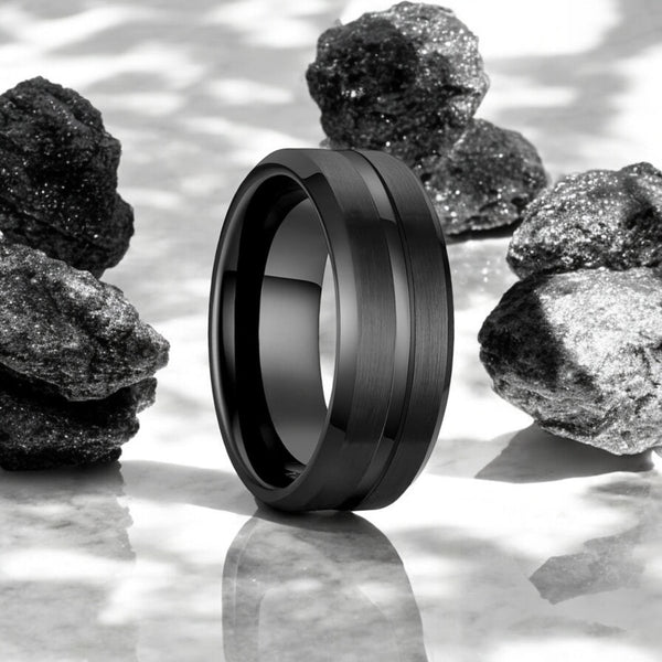 SQUAD Black Tungsten Ring with shiny groove by Aydins Jewelry.