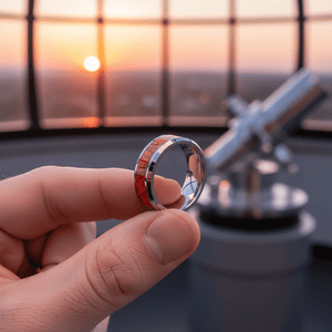 STARFALL — Held between fingers close-up — men's tungsten wedding ring.