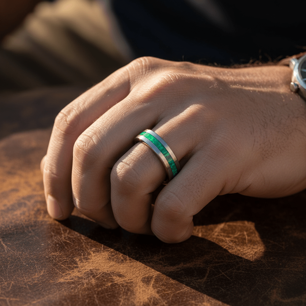 STARK — Lifestyle photo on hand — men's tungsten wedding ring.