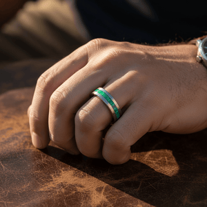 STARK — Lifestyle photo on hand — men's tungsten wedding ring.