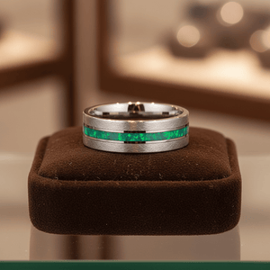 STARK — Premium boutique display on velvet — men's tungsten wedding ring.