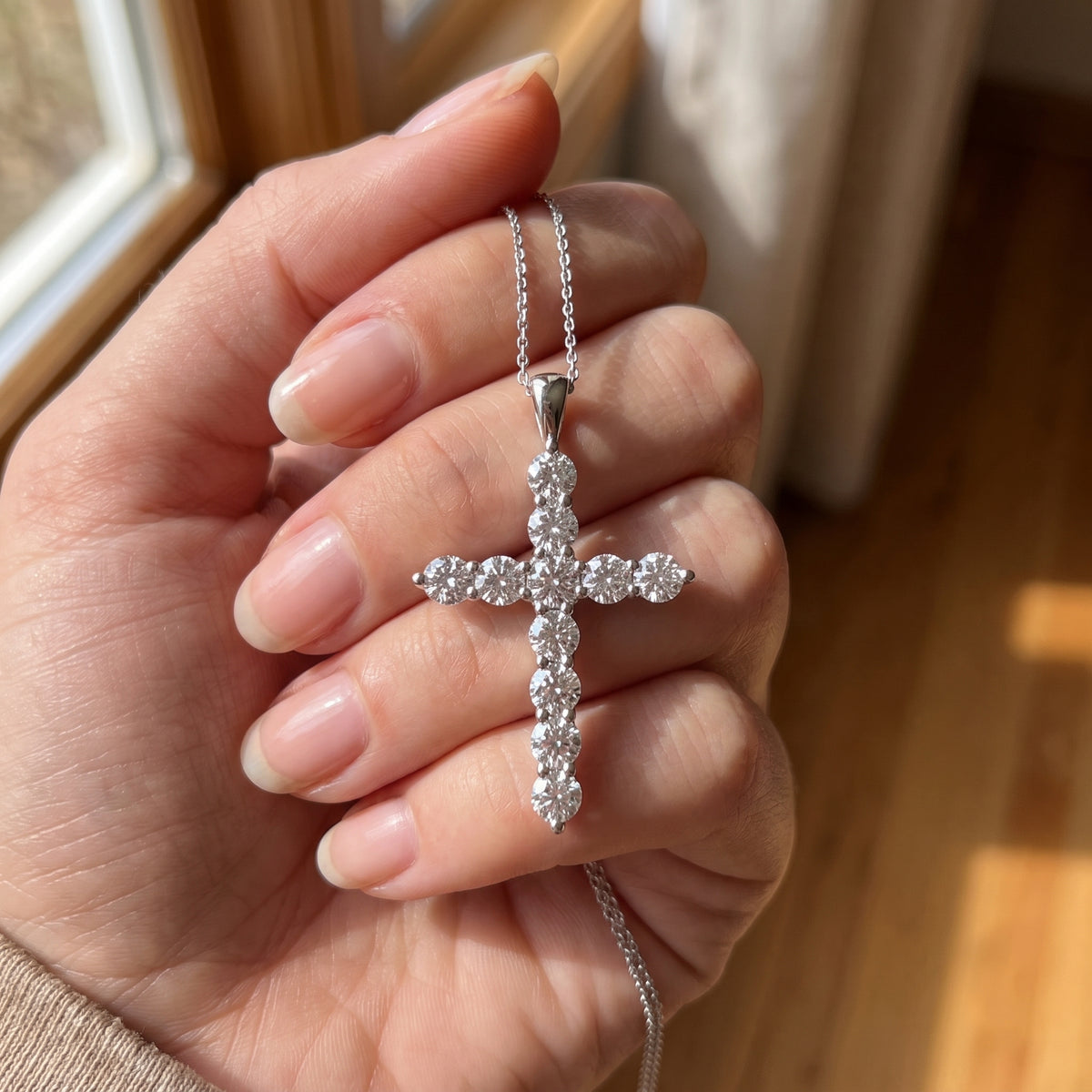 Statement Diamond Cross Necklace 925 silver lab grown diamond necklace held in hand lifestyle close-up photo